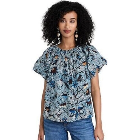 Ulla Johnson Blue print bohemian summer cotton top size 8 preowned - Picture 8 of 8